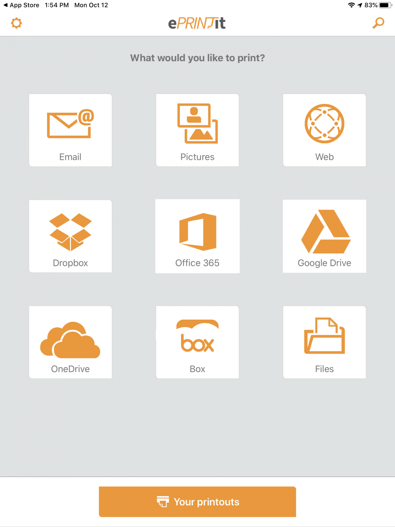 What would you like to print? email, pictures, web, dropbox, office 365, google drive, onedrive, box, files