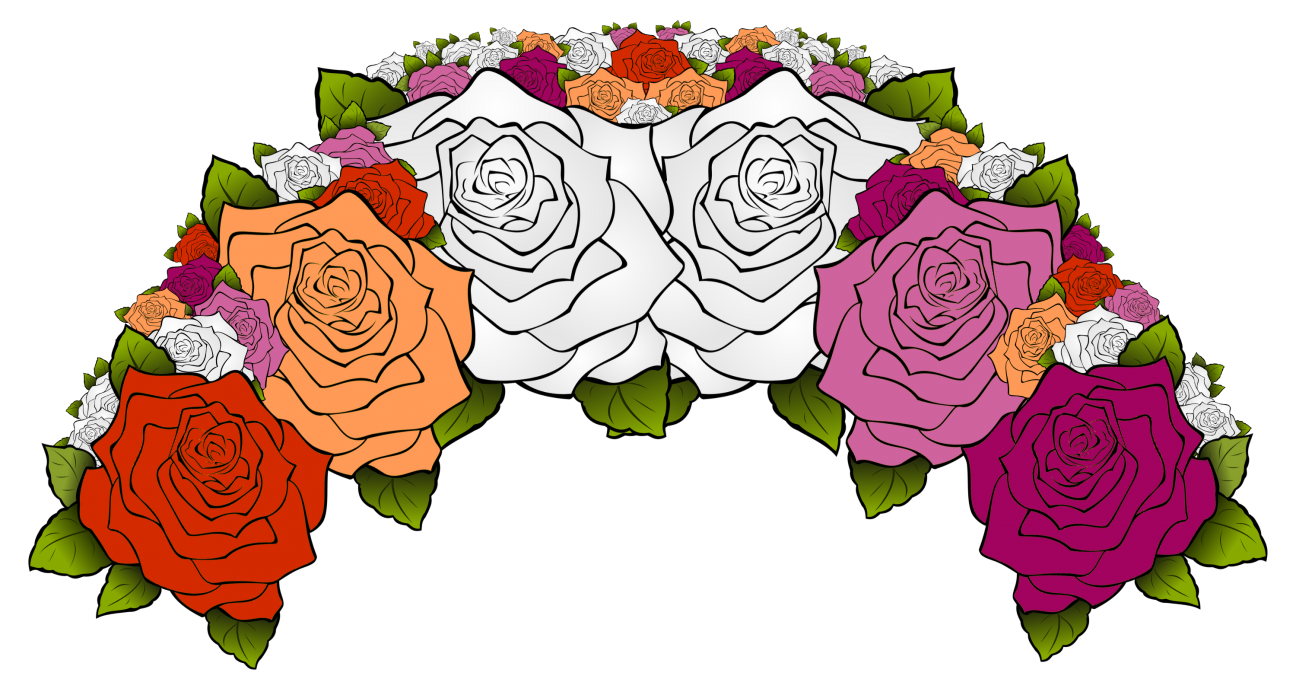 A flower crown composed of flowers from the lesbian pride flag, including two shades of pink, two shades of orange, and white.
