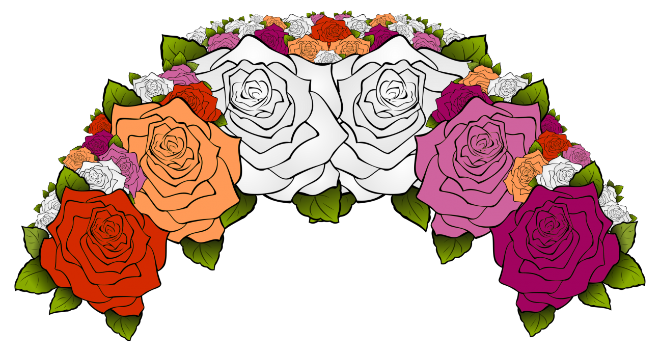 Lesbian Pride Flag A flower crown composed of flowers from the lesbian pride flag, including two shades of pink, two shades of orange, and white.