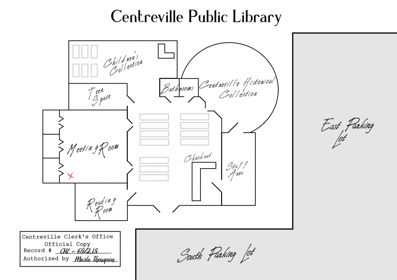 Floorplan of the Centreville Public Library, with each room labeled. The meeting room on the left is marked with a red X where the victim died.