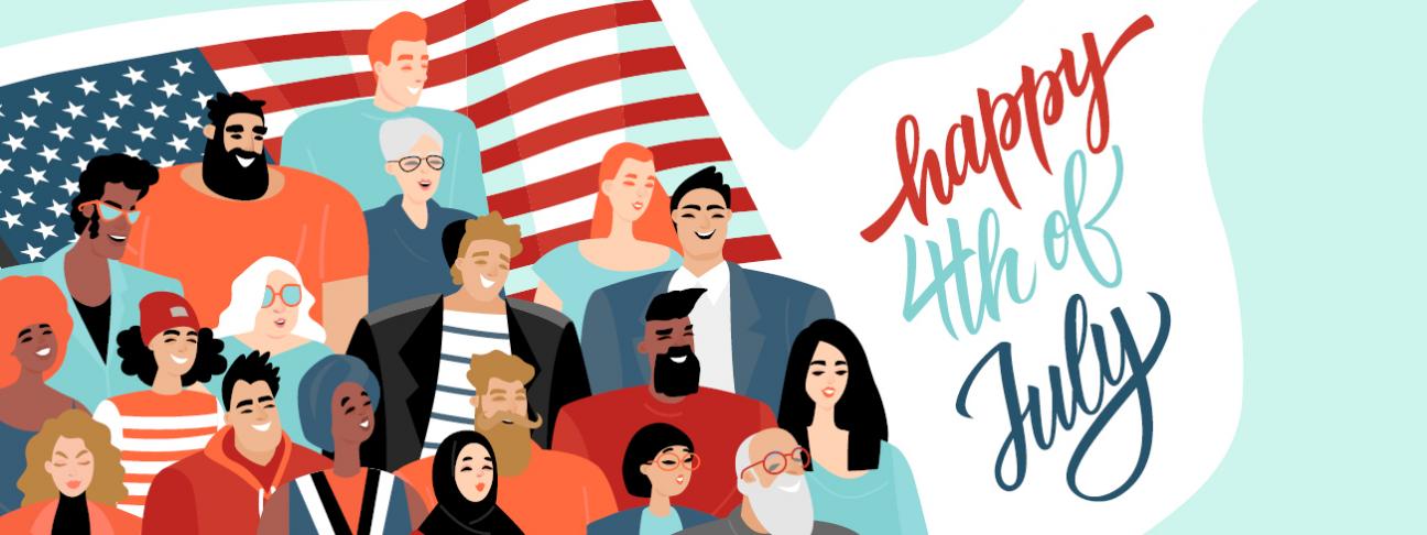 Illustration of people standing in front of an American flag beside the text "happy 4th of July."