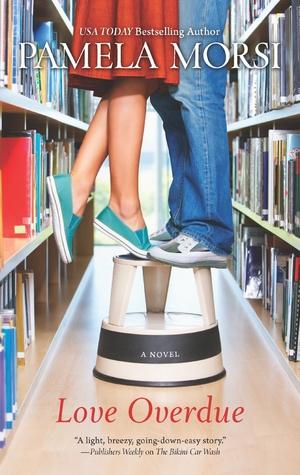 The cover of "Love Overdue" by Pamela Morsi, which has a couple seen from the legs down, both standing on a kickstool in a library aisle. The left one is wearing a red skirt and teal shoes, and is on one foot. The right is wearing jeans and sneakers.