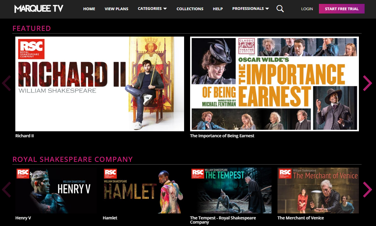 The landing page of Marquee TV.