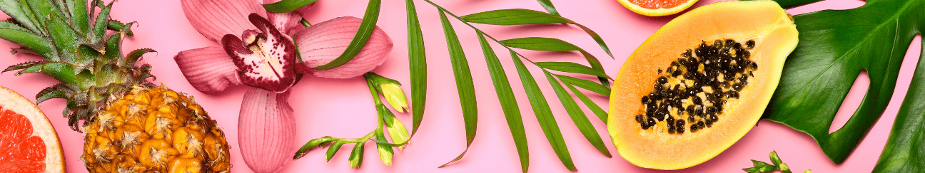A long thin banner with a pink background. There's a slice of a citrus fruit, a pineapple, an orchid, a papaya, and several tropical looking leaves arrayed across the image. 