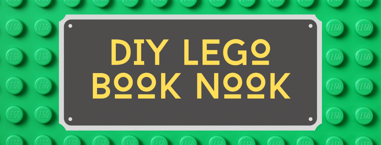 A header with a green LEGO plate in the background. There's a gray box on top of it, with the words "DIY LEGO Book Nook" on it.