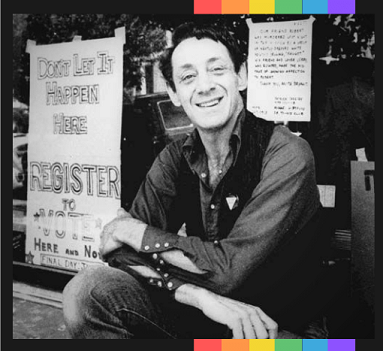 November 1977: Harvey Milk poses in front of his camera shop, Castro Camera, in San Francisco. After serving in the Navy, Milk moved out to San Francisco, CA and quickly became involved in local community politics. Castro Camera became a neighborhood center.