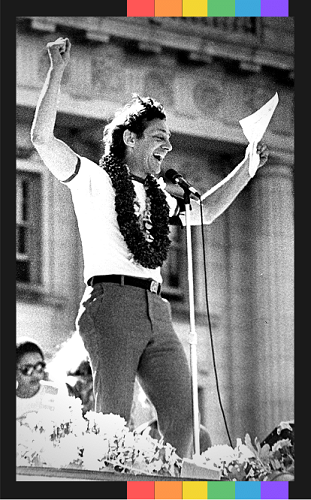 1978: Harvey Milk addressing the crowd from the stage at San Francisco Gay Freedom Day Parade.