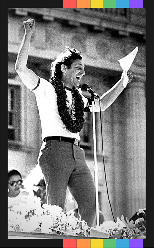 1978: Harvey Milk addressing the crowd from the stage at San Francisco Gay Freedom Day Parade. 1978: Harvey Milk addressing the crowd from the stage at San Francisco Gay Freedom Day Parade.