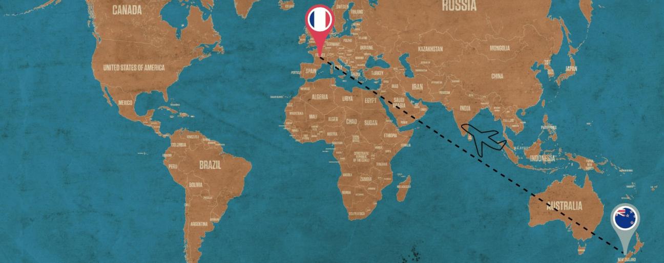 Image of a plane ride across the globe from New Zealand to France