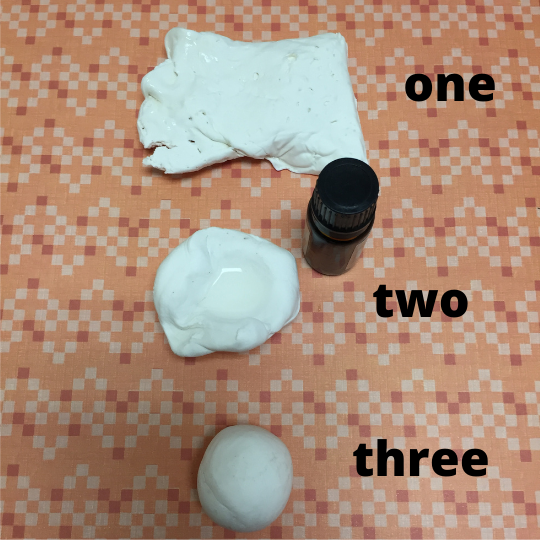 First three steps of getting ready to make aromatherapy diffuser: plain clay, clay cup with oil pool, clay ball First three steps of getting ready to make aromatherapy diffuser: plain clay, clay cup with oil pool, clay ball