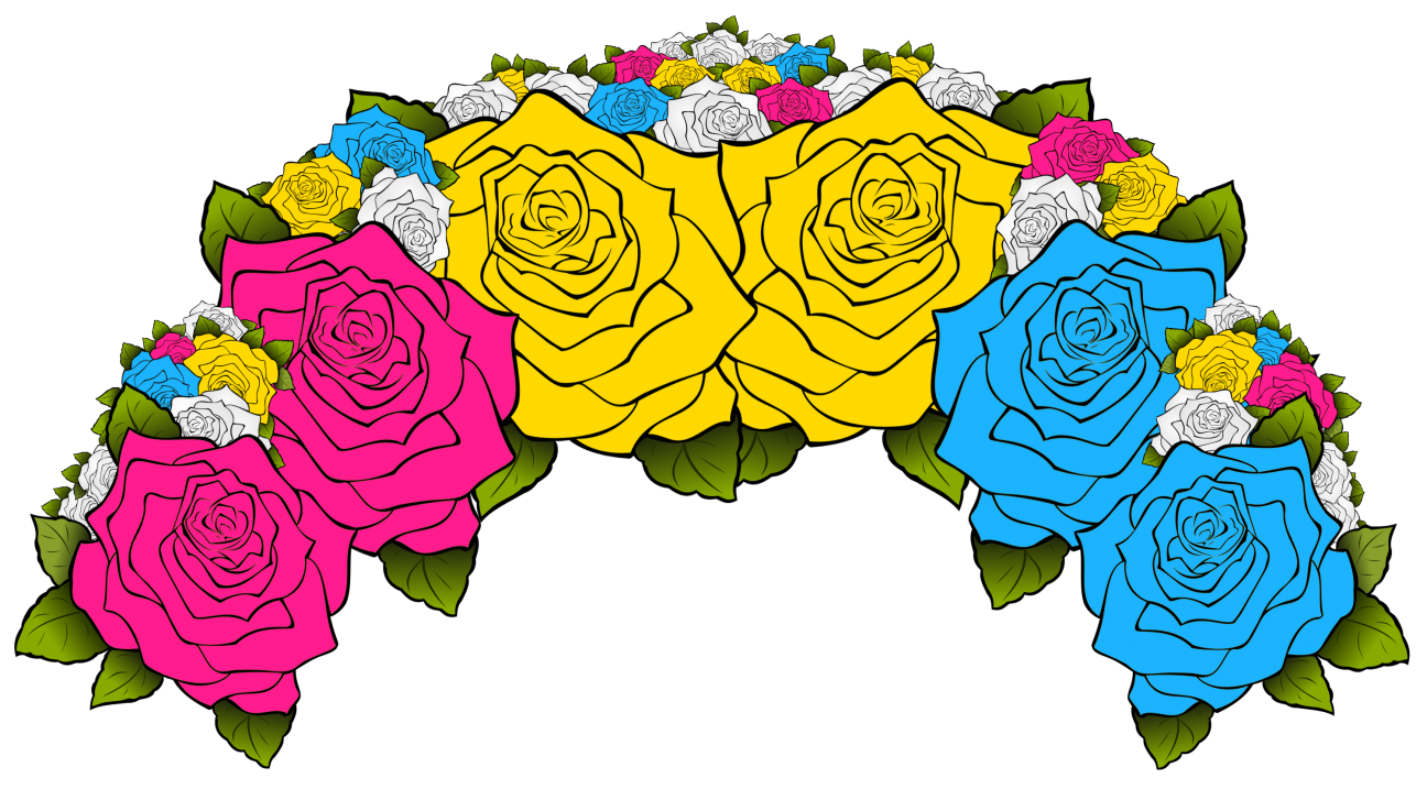 A flower crown composed of flowers from the pansexual pride flag, including pink, blue, and yellow.