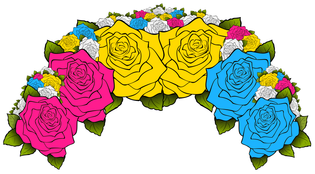 Pansexual Pride Flag A flower crown composed of flowers from the pansexual pride flag, including pink, blue, and yellow.