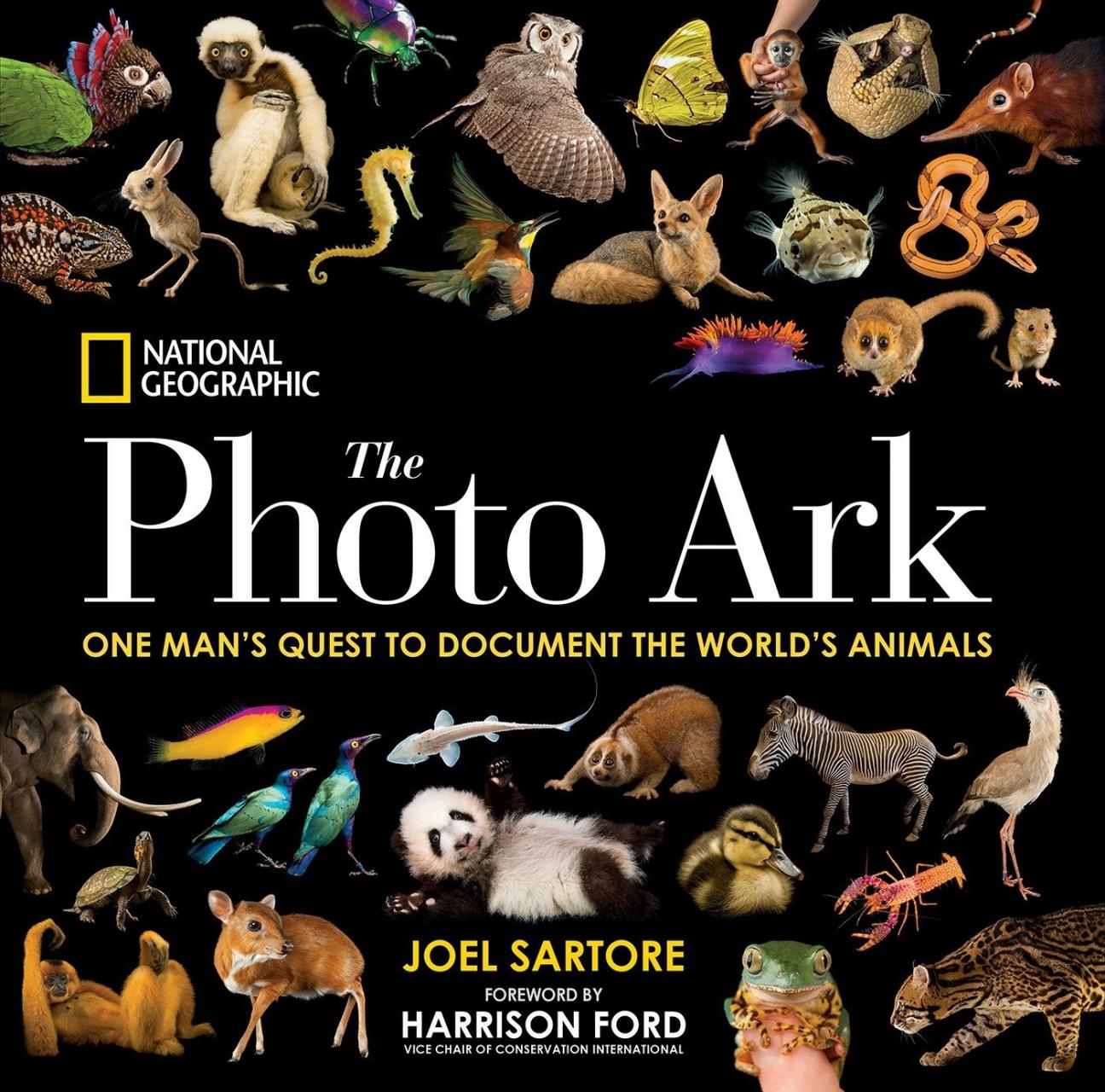 The cover of "The photo Ark" by Joel Sartore, which has a black background filled with photos of animals. The title is in the middle in white