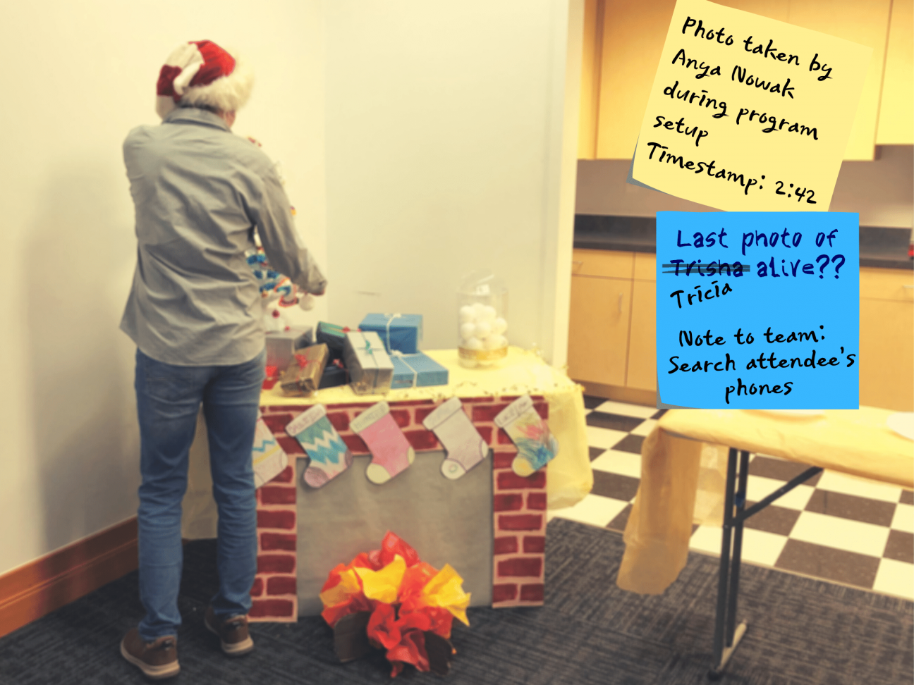 Photo of program setup taken by Anya Nowak A photo taken by Anya Nowak of Tricia McMillan setting up for a children's cookie decorating program in the Centreville Library meeting room