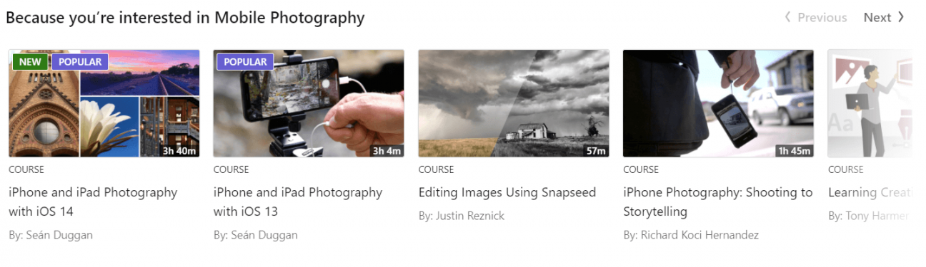 LinkedIn Learning Mobile Photography Classes Screenshot from LinkedIn Learning database with four video thumbnails under the title "Because you're interested in Mobile Photography".