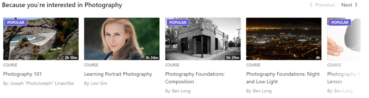 LinkedIn Learning Photography Classes Screenshot from LinkedIn Learning database with four video thumbnails under the title "Because you're interested in Photography".