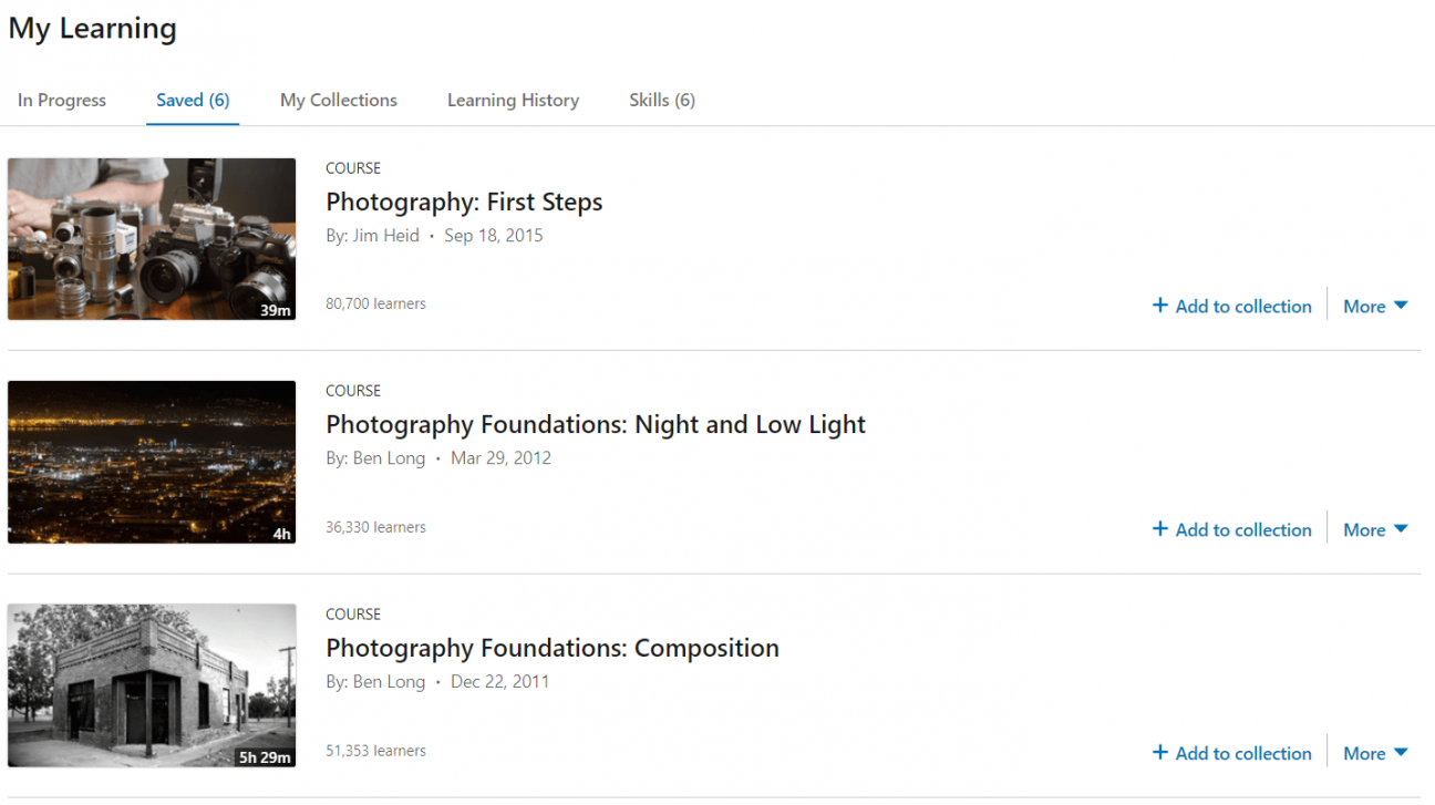 Screenshot from LinkedIn Learning database of the "My Learning" screen, with 3 video thumbnails under the "Saved" tab.