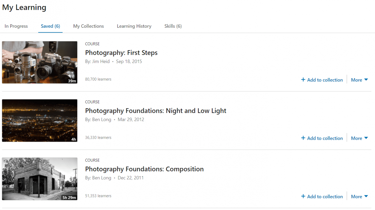 LinkedIn Learning My Learning Page Screenshot from LinkedIn Learning database of the "My Learning" screen, with 3 video thumbnails under the "Saved" tab.