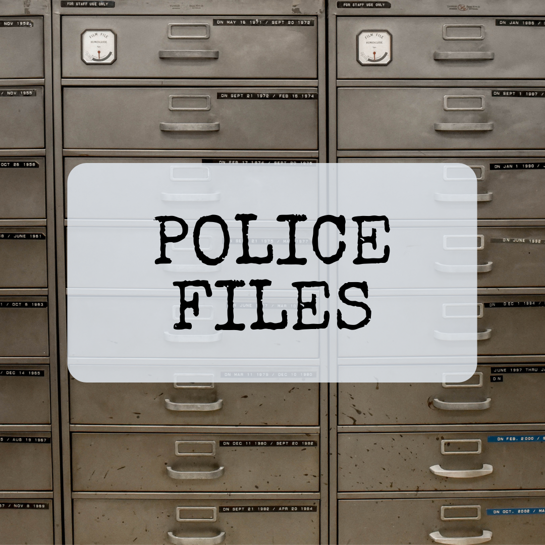 Photo of a large filing cabinet, with the words "Police Files" centered on the image.