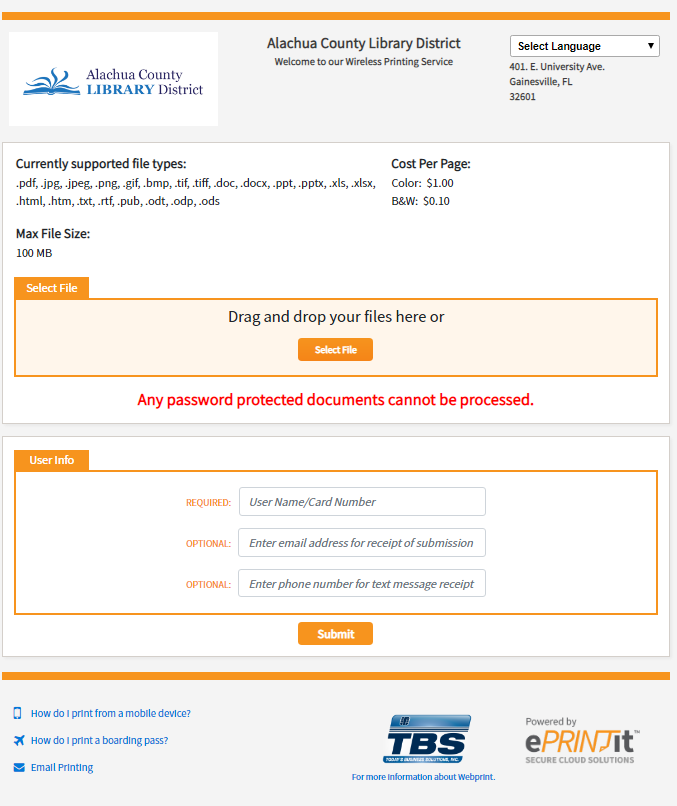 Screenshot of online printing page