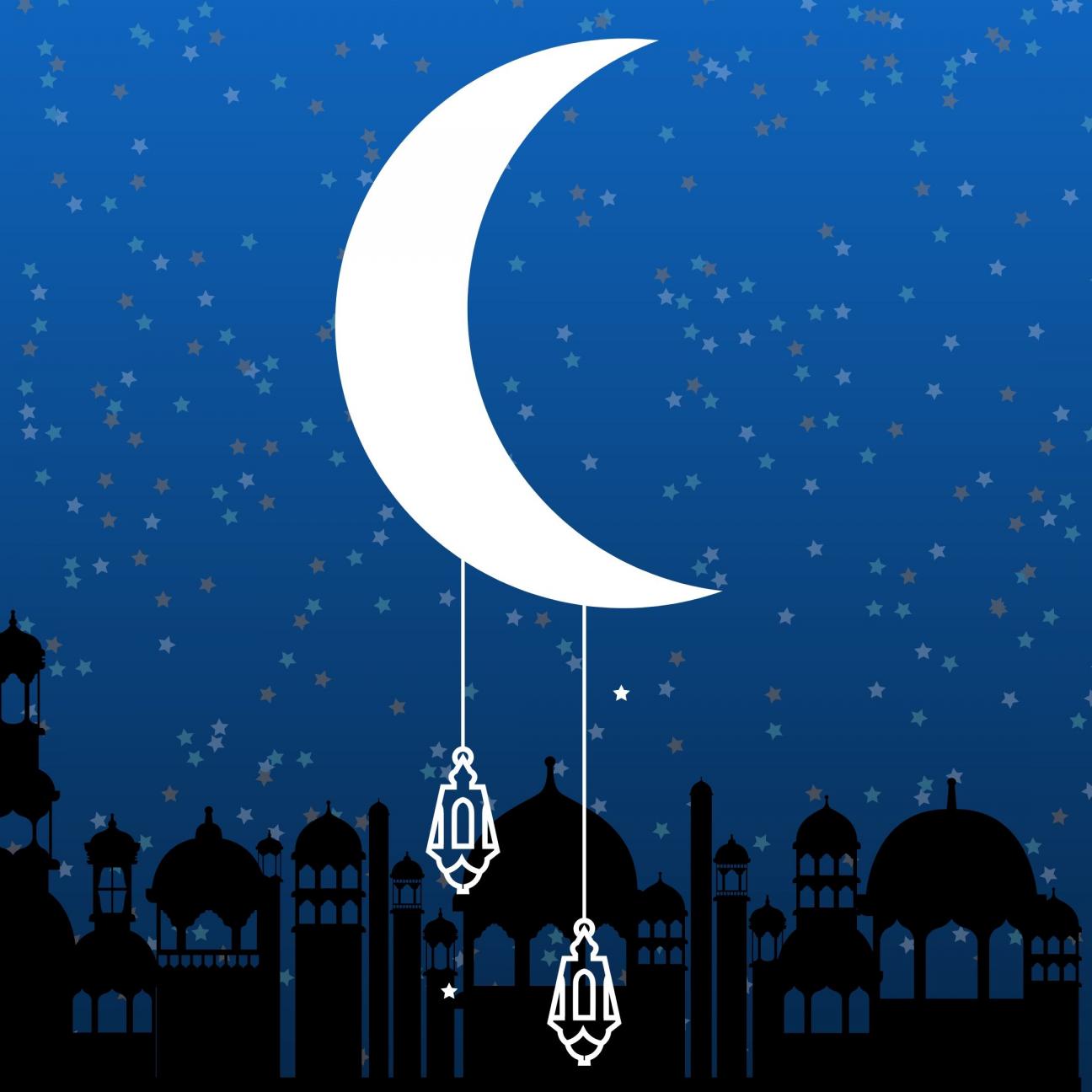 cresent moon, lanterns, city cresent moon, lanterns, city