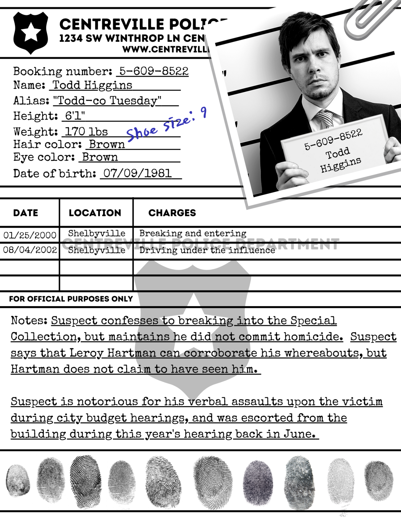 Rap Sheet: Todd Higgins A rap sheet for the Centreville Police Station. It is for Todd Higgins, a city employee. He is 6'1", weighs 170lbs, has brown hair and brown eyes, and was born on 7/9/1981. There are suspect notes and fingerprints at the bottom of the page.