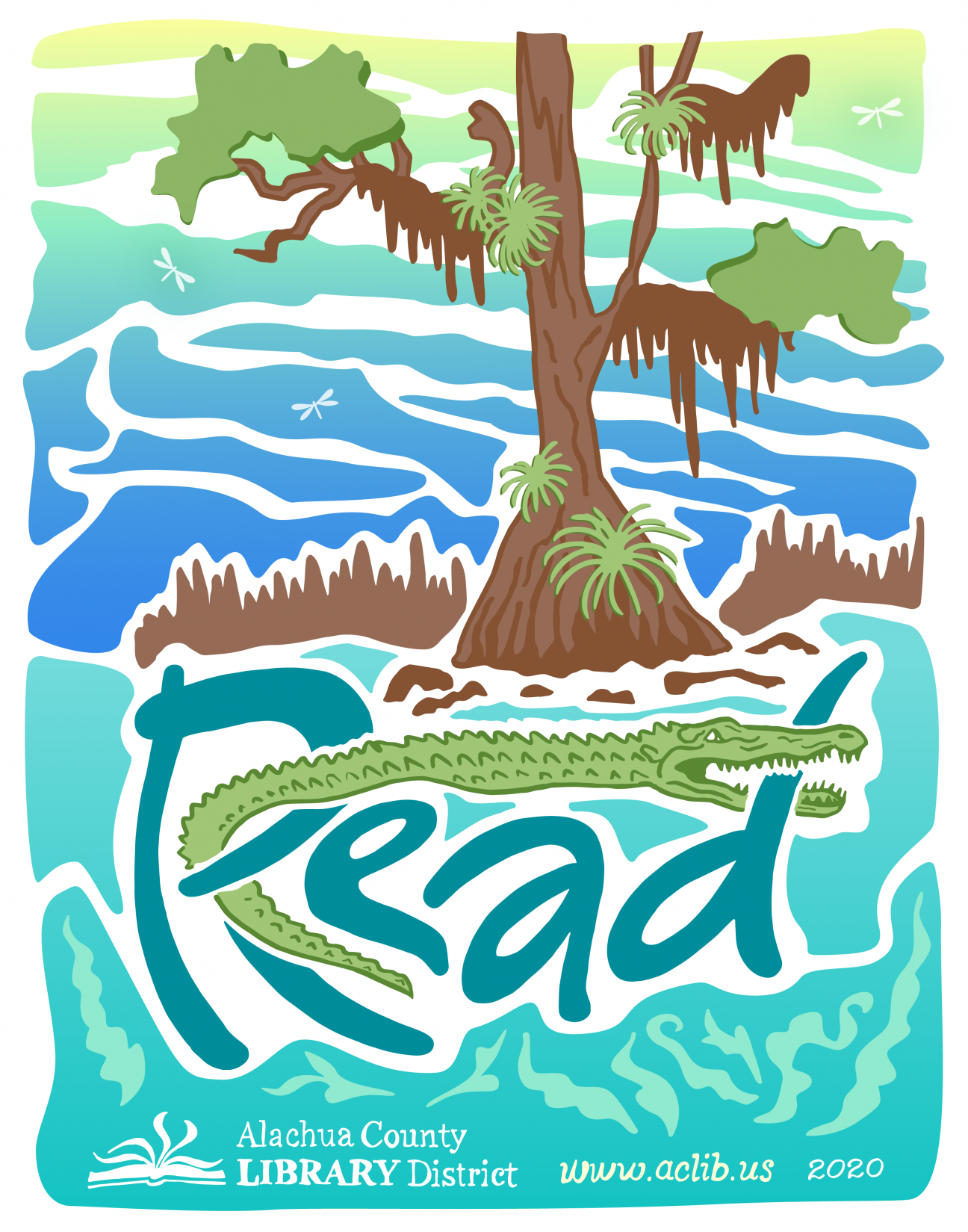 Illustration of an alligator curled around the word read 