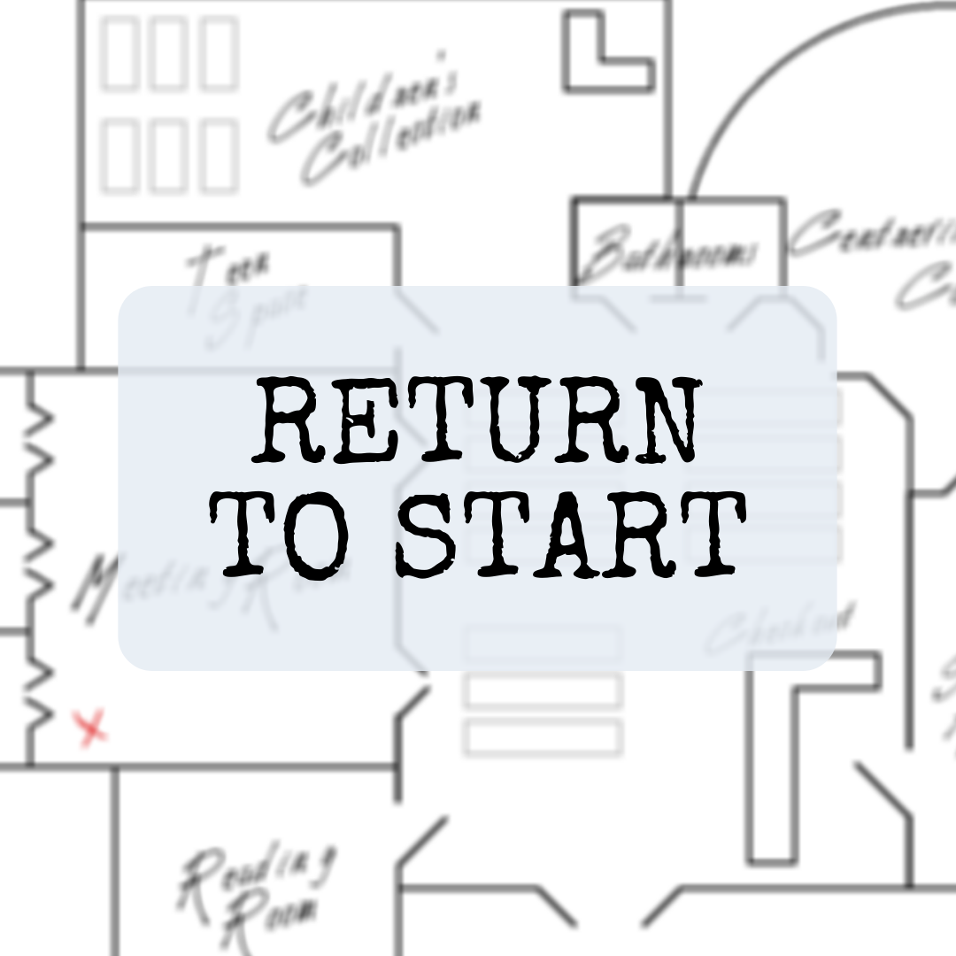 A square photo of a blurred out library floor plan, over which are the words "Return to Start" in black text