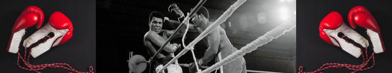 red and white boxing gloves and ali and foreman boxing in the ring