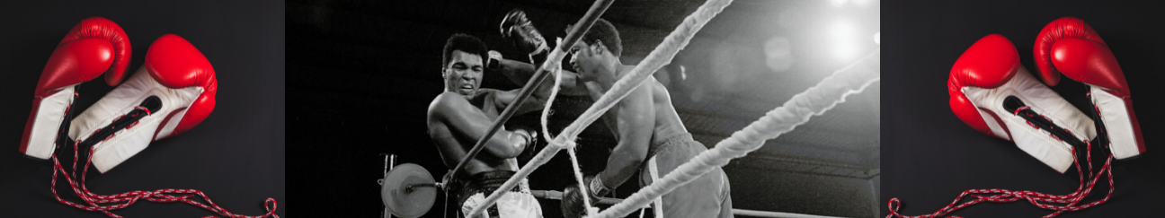 Muhammad Ali and George Foreman boxing red and white boxing gloves and ali and foreman boxing in the ring