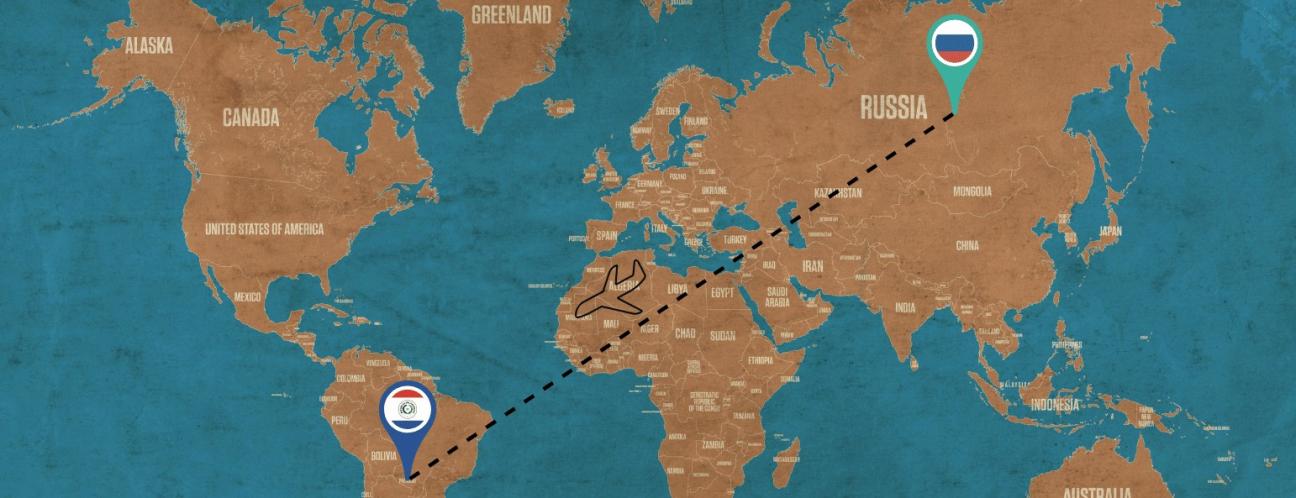 Russia to Paraguay Image of a plane ride across the globe from Russia to Paraguay