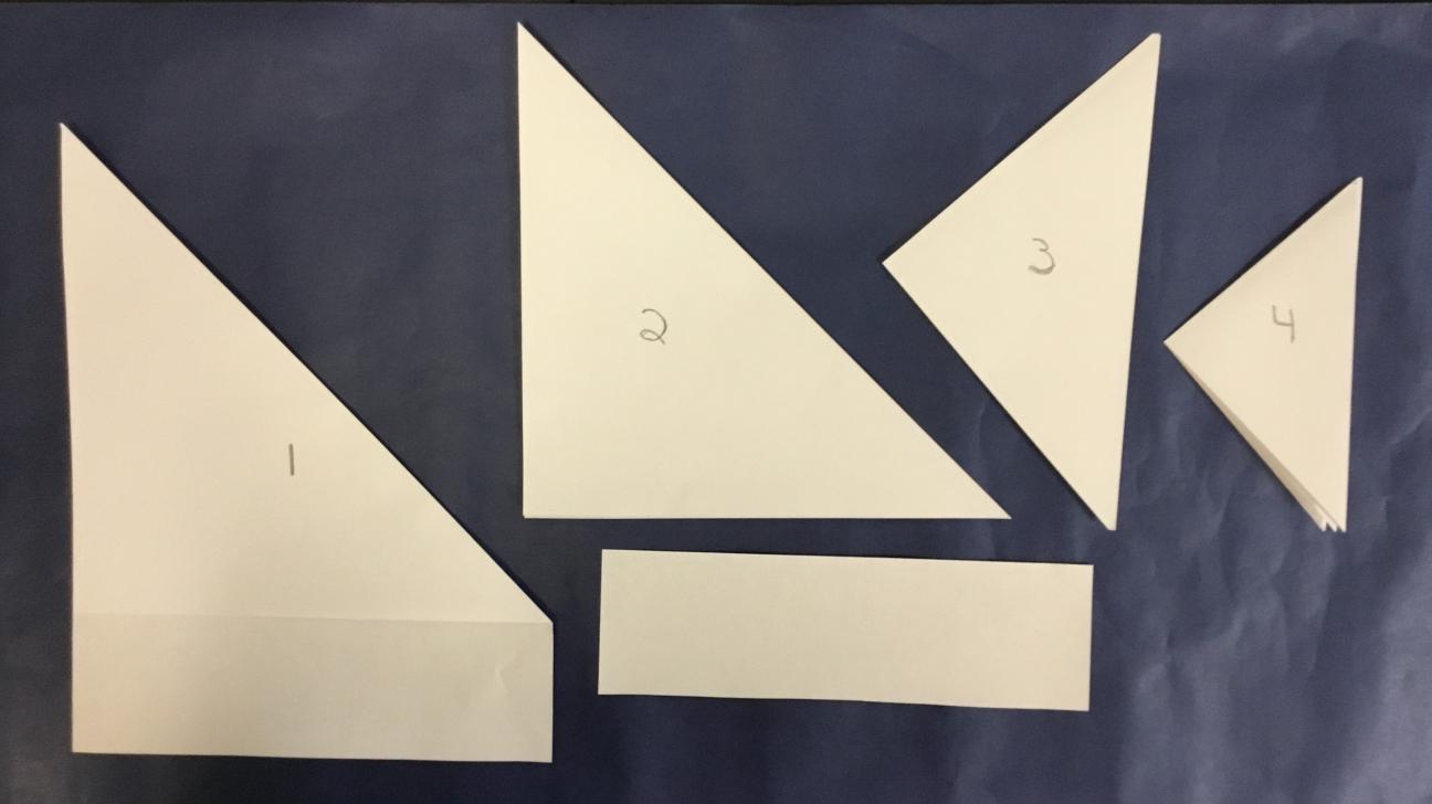 Paper Folding Steps (Step 1 - Pick one corner of the paper, fold over to make a triangle; Step 2 - Cut off the bottom of the paper; Step 3 - Fold a second time, corner to corner; Step 4 - One more fold, corner to corner, flatten each side with a ruler. paper snowflake craft for elementary children