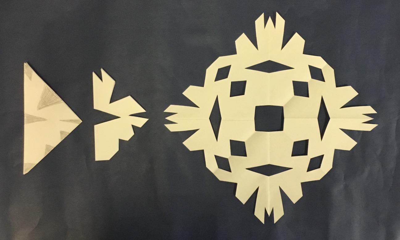 Step 5 - Cut out different triangle sizes along the 3 edges. You may draw triangles first before cutting them out. Step 6 - Carefully open your snowflake. paper snowflake craft for elementary children