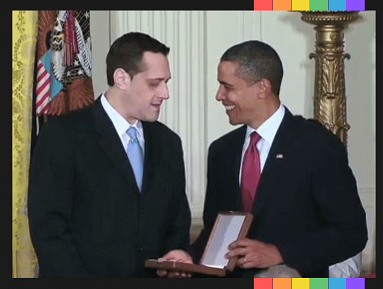 August, 2009: Stuart Milk accepts the Presidential Medal of Freedom from President Barack Obama on behalf of his uncle August, 2009: President Barack Obama posthumously awarded Milk the Presidential Medal of Freedom for his contribution to the gay rights movement stating "he fought discrimination with visionary courage and conviction". Stuart Milk accepted the award on behalf of his uncle.
