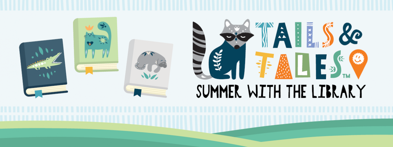 Summer with the Library Tails and Tales with raccoon and book covers.