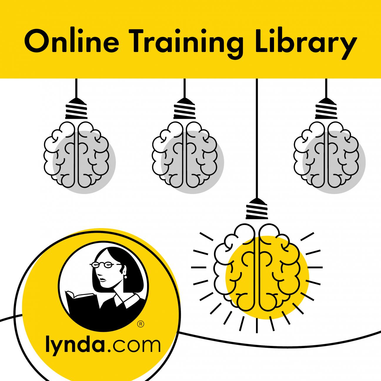 Illustration of light bulbs and the Lynda.com logo of a woman reading a book.