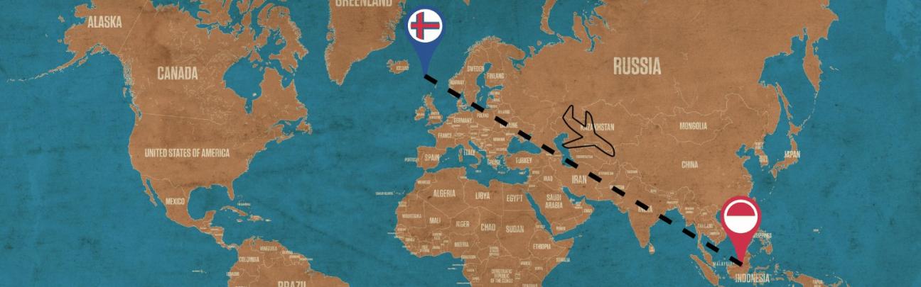 Image of a plane flying from The Faroe Islands to Indonesia