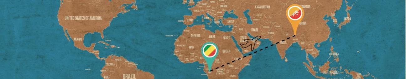 Image of a plane ride across the globe from The Republic of the Congo to Bhutan