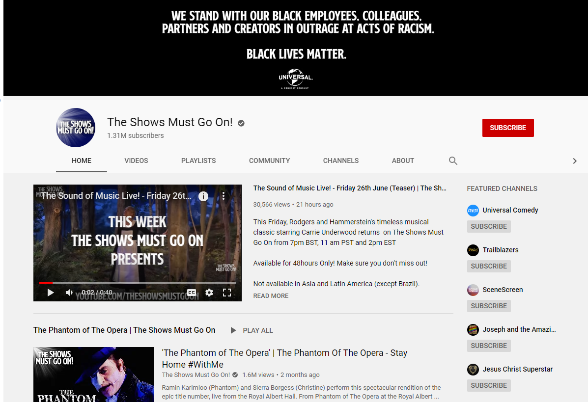 A screenshot of the The Shows Must Go On! YouTube channel.