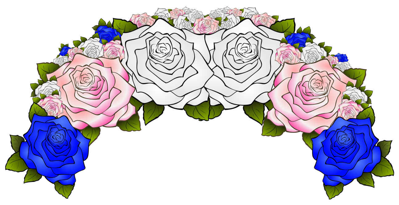 A flower crown composed of flowers from the transgender pride flag, including pink, blue, and white.