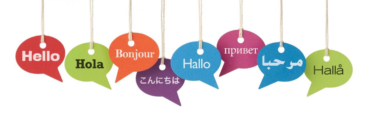 A series of word bubbles with hello in different languages.