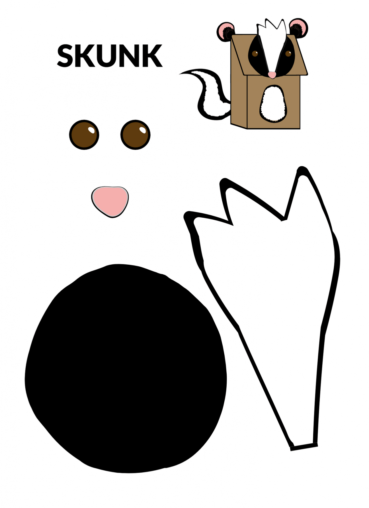 Skunk puppet template, page 1: two eyes, a nose, stripe, and face shape