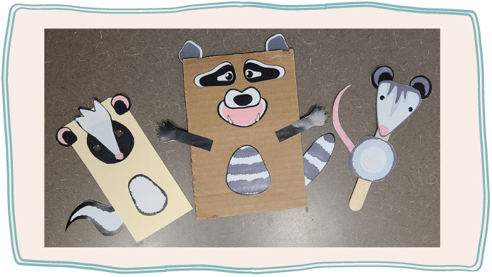 Three different puppets made with alternative materials. Left to right: skunk on a used file folder, raccoon on an old cardboard box, and opossum on a popsicle stick.