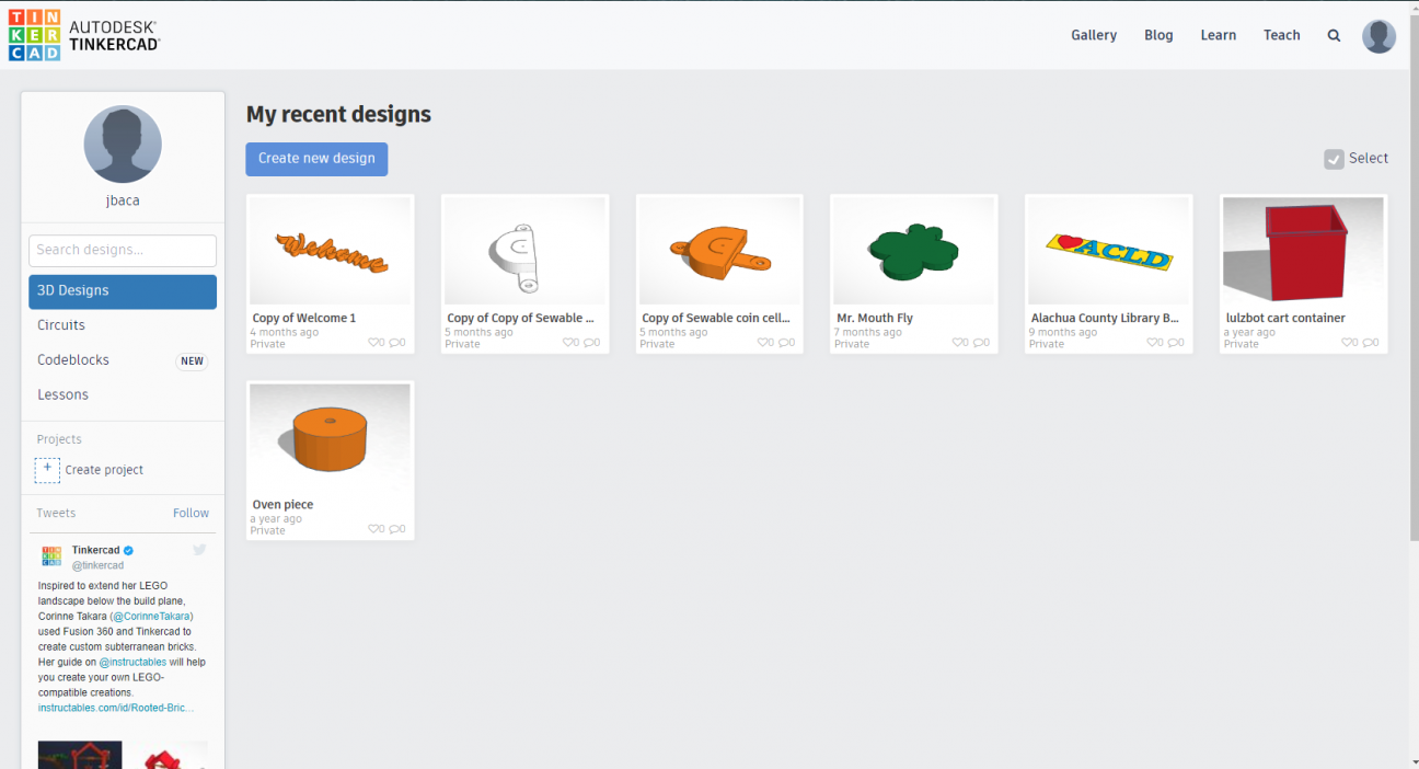 Screenshot showing the user dashboard when you log into Tinkercad. Screenshot showing the user dashboard when you log into Tinkercad.