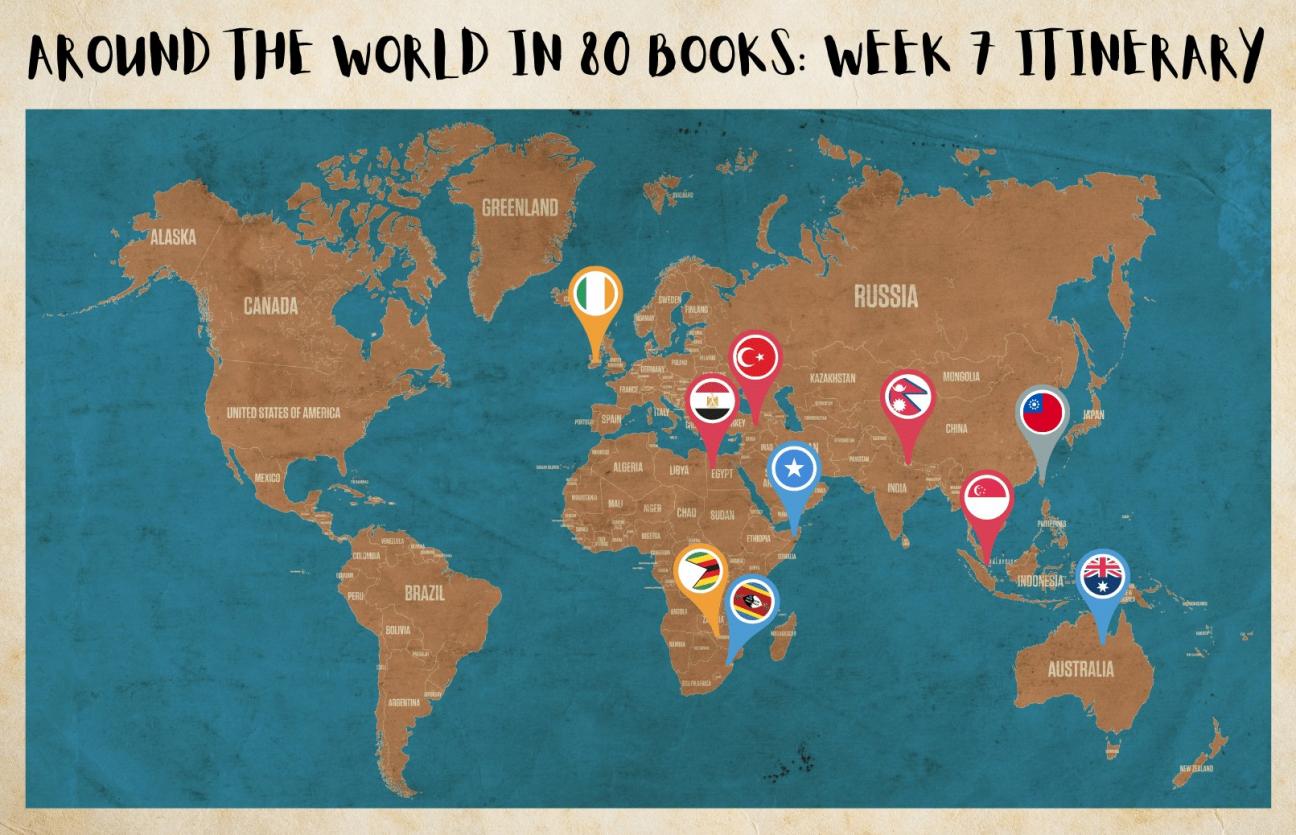Week Seven Itinerary world map with ten countries highlighted with pins