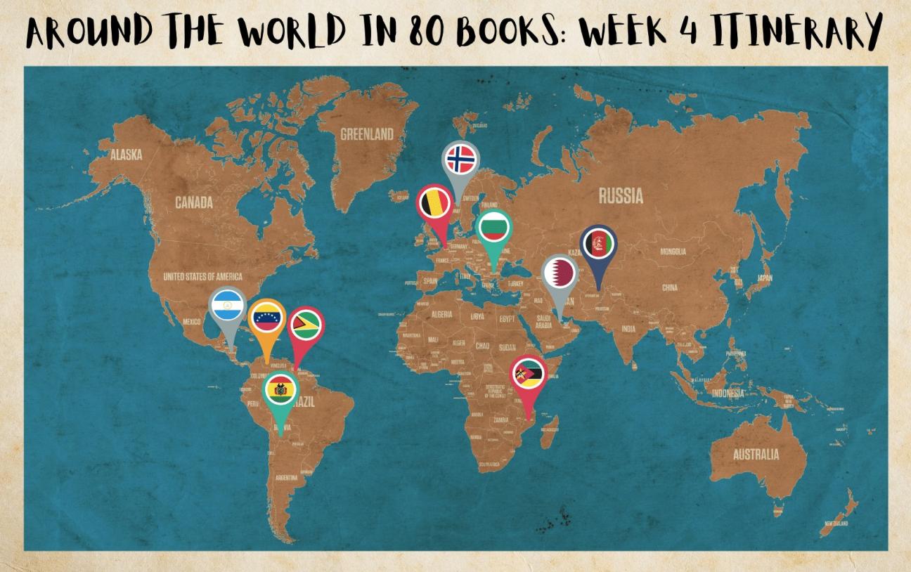 Week Four Itinerary world map with ten countries highlighted with pins