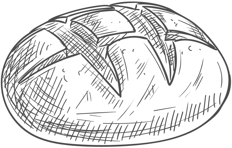 A sketched drawing of a scored loaf of bread.