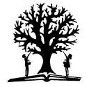 Friends of the Library logo illustration of a tree on a book with someone at either side