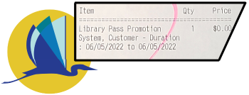 The logo for the reader day pass, featuring a blue bird over a yellow circle. Layered over that is a cutout image of a receipt, showing the Library Pass Promotion applied, with a 0.00 price.