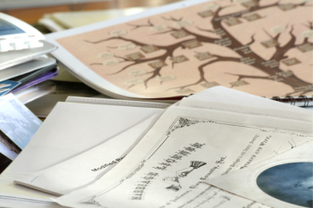 A photo of genealogy documents, including a family tree. 